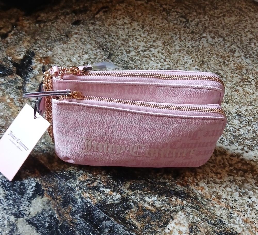 Juicy Couture Blush Pink Double Zip Wristlet Pouch with Chain